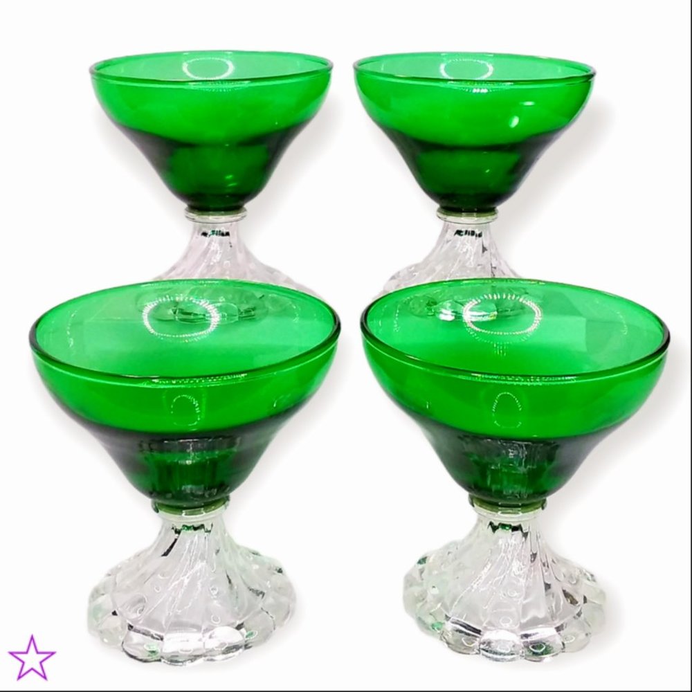 4 Vtg Anchor Hocking Burple Inspiration Green Champagne/Sherbert Glasses USA
